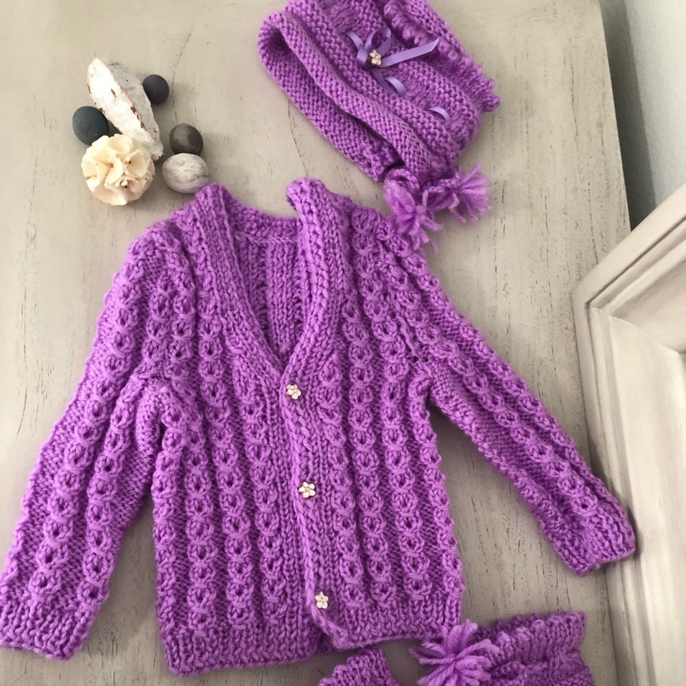 Lavender Baby Girl Knitted Cardigan Set